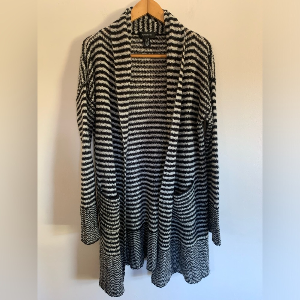 Karen Kane black white striped wool mohair blend cardigan sweater open front XL
